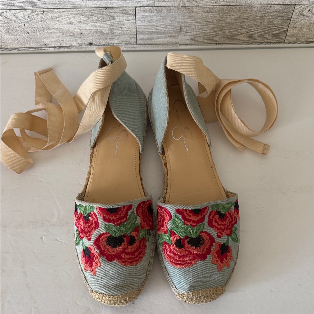 Jessica Simpson Light Blue Espadrilles with Red Floral Embroidery - Picture 3 of 5